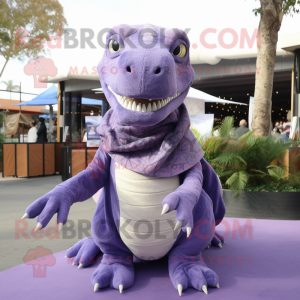 Lavender Tyrannosaurus mascot costume character dressed with a Long Sleeve Tee and Scarves