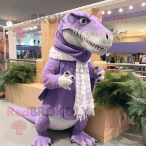 Lavender Tyrannosaurus mascot costume character dressed with a Long Sleeve Tee and Scarves