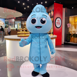 Sky Blue Dim Sum mascot costume character dressed with a Playsuit and Lapel pins