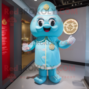 Sky Blue Dim Sum mascot costume character dressed with a Playsuit and Lapel pins