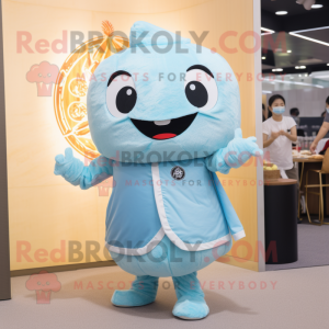 Sky Blue Dim Sum mascot costume character dressed with a Playsuit and Lapel pins