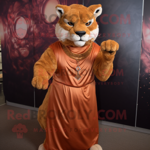 Rust Puma mascot costume character dressed with a Empire Waist Dress and Cummerbunds