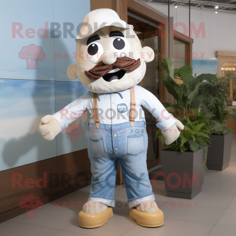 Cream Meatballs mascot costume character dressed with a Chambray Shirt and Belts Cream Meatballs mascot costume character dressed with a Chambray Shirt and Belts