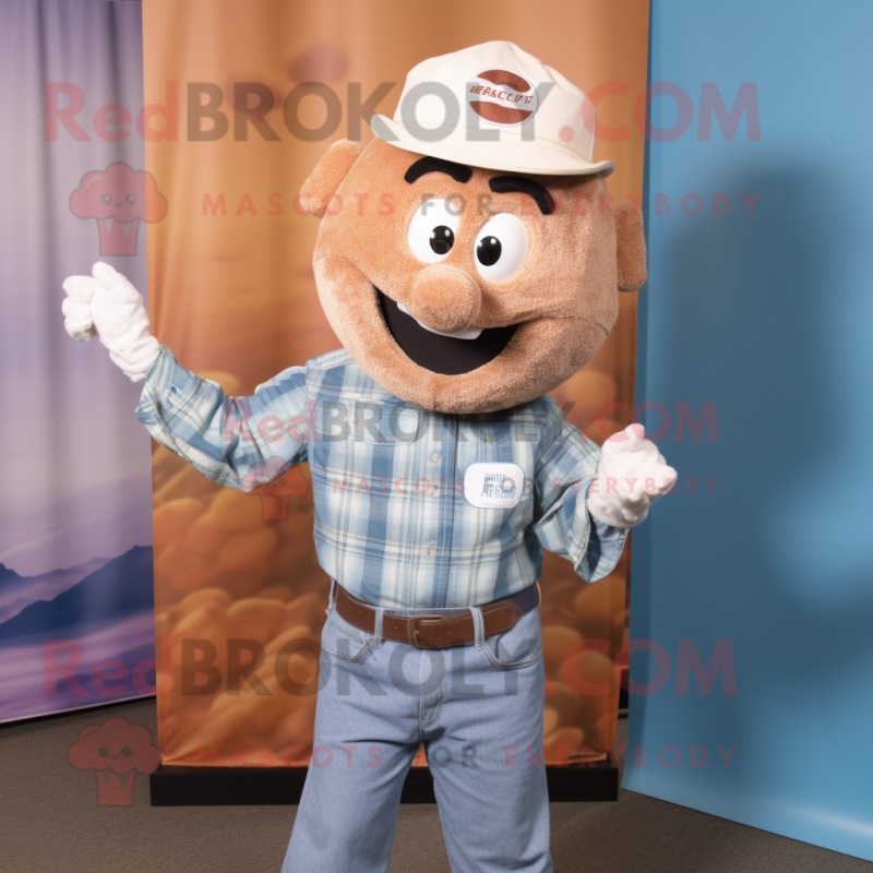 Cream Meatballs mascot costume character dressed with a Chambray Shirt and Belts Cream Meatballs mascot costume character dressed with a Chambray Shirt and Belts