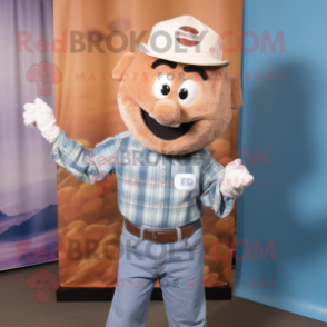 Cream Meatballs mascot costume character dressed with a Chambray Shirt and Belts