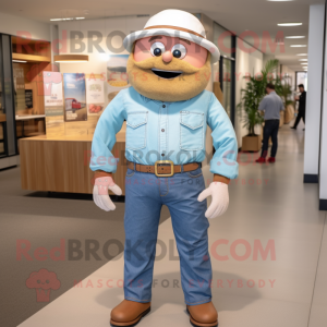 Cream Meatballs mascot costume character dressed with a Chambray Shirt and Belts