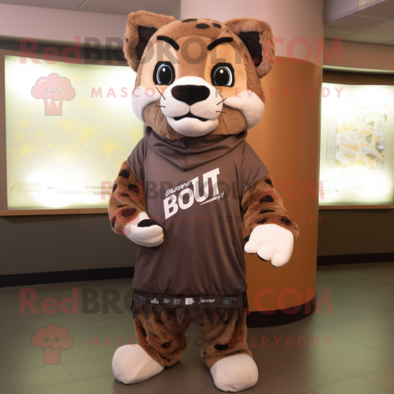 Brown Bobcat mascot costume character dressed with a Rash Guard and Shawls Brown Bobcat mascot costume character dressed with a Rash Guard and Shawls