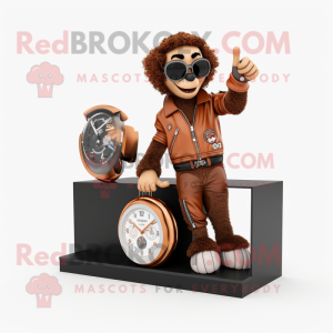 Brown Acrobat mascot costume character dressed with a Moto Jacket and Watches