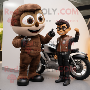 Brown Acrobat mascot costume character dressed with a Moto Jacket and Watches