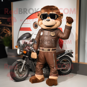 Brown Acrobat mascot costume character dressed with a Moto Jacket and Watches