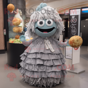 Gray Ramen mascot costume character dressed with a Ball Gown and Earrings