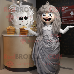 Gray Ramen mascot costume character dressed with a Ball Gown and Earrings