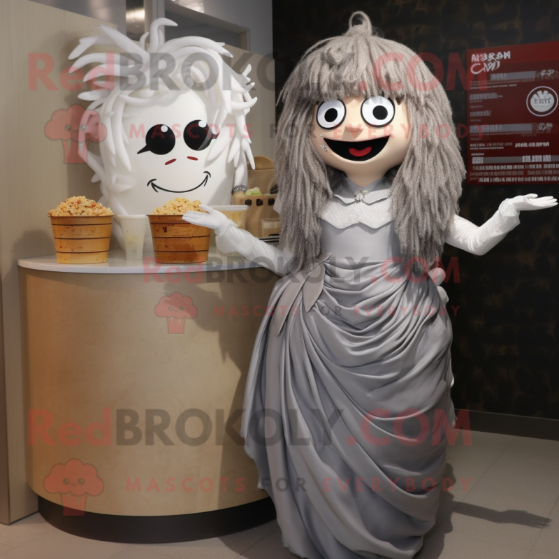 Gray Ramen mascot costume character dressed with a Ball Gown and Earrings Gray Ramen mascot costume character dressed with a Ball Gown and Earrings