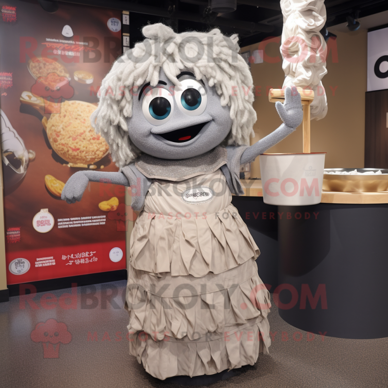 Gray Ramen mascot costume character dressed with a Ball Gown and Earrings