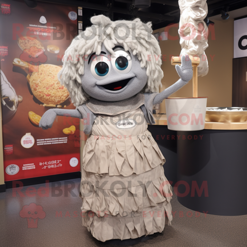 Gray Ramen mascot costume character dressed with a Ball Gown and Earrings Gray Ramen mascot costume character dressed with a Ball Gown and Earrings