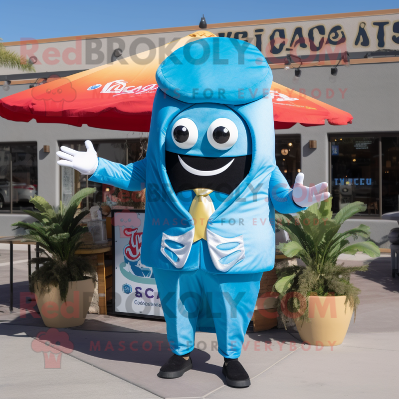 Sky Blue Tacos mascot costume character dressed with a Blazer and Wraps Sky Blue Tacos mascot costume character dressed with a Blazer and Wraps
