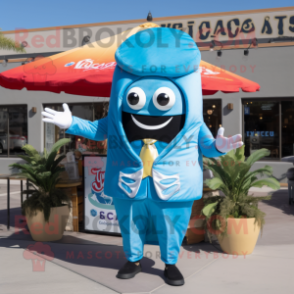 Sky Blue Tacos mascot costume character dressed with a Blazer and Wraps