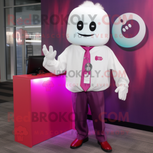 Magenta Ghost mascot costume character dressed with a Button-Up Shirt and Tie pins
