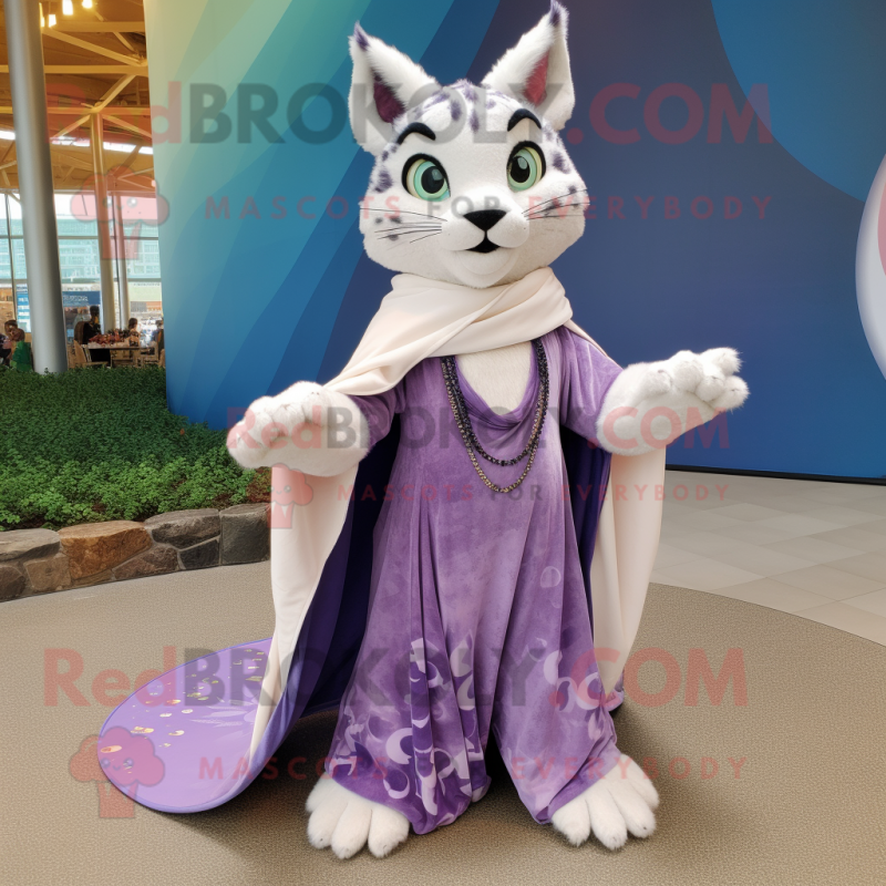 Lavender Bobcat mascot costume character dressed with a Maxi Dress and Shawls