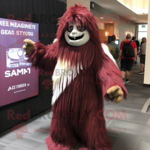 Maroon Yeti mascot costume character dressed with a Empire Waist Dress and Backpacks