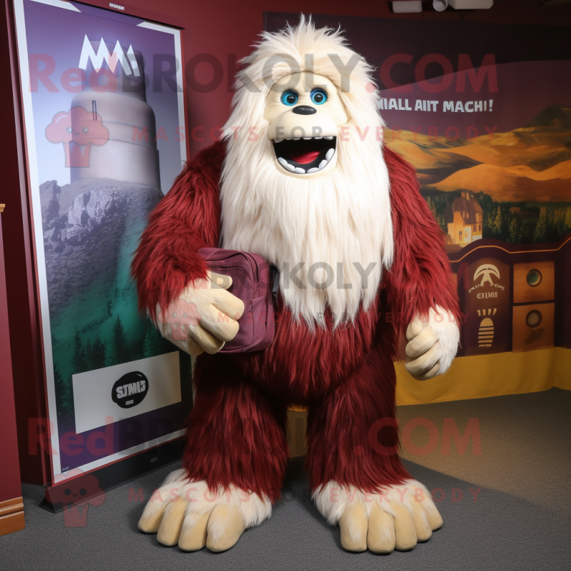 Maroon Yeti mascot costume character dressed with a Empire Waist Dress and Backpacks Maroon Yeti mascot costume character dressed with a Empire Waist Dress and Backpacks