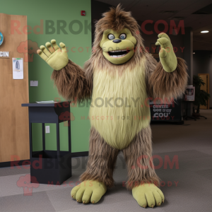 Olive Sasquatch mascot costume character dressed with a Skinny Jeans and Ties