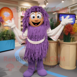 Lavender Spaghetti mascot costume character dressed with a Henley Shirt and Keychains