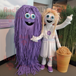 Lavender Spaghetti mascot costume character dressed with a Henley Shirt and Keychains