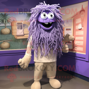 Lavender Spaghetti mascot costume character dressed with a Henley Shirt and Keychains