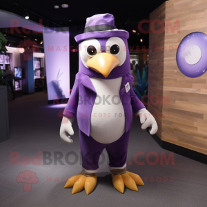 Purple Penguin mascot costume character dressed with a Suit Pants and Wraps