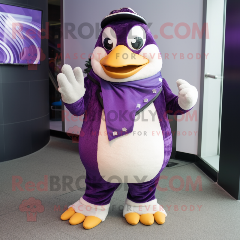 Purple Penguin mascot costume character dressed with a Suit Pants and Wraps