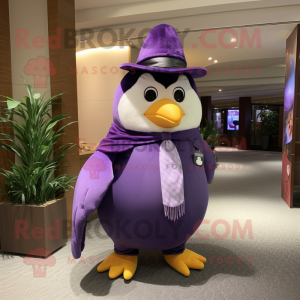 Purple Penguin mascot costume character dressed with a Suit Pants and Wraps