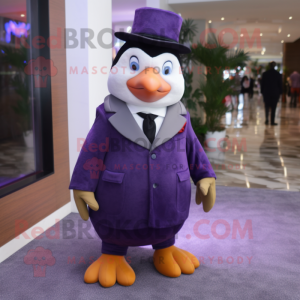 Purple Penguin mascot costume character dressed with a Suit Pants and Wraps
