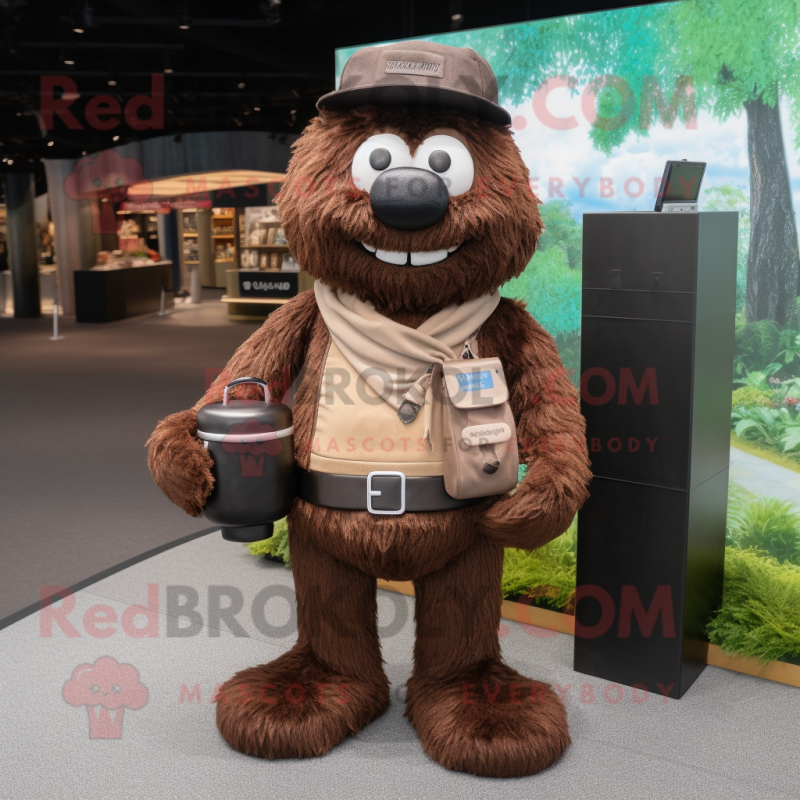 Brown Guinness mascot costume character dressed with a Romper and Handbags Brown Guinness mascot costume character dressed with a Romper and Handbags