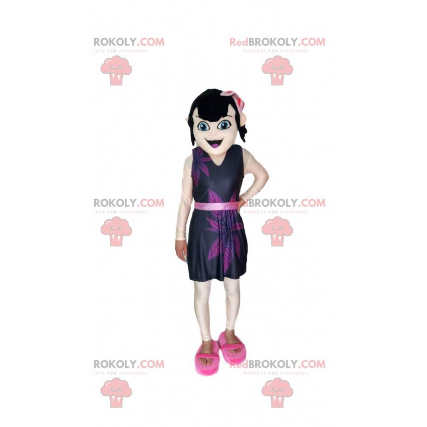 Brunette meisje mascotte met een paarse jurk - Redbrokoly.com