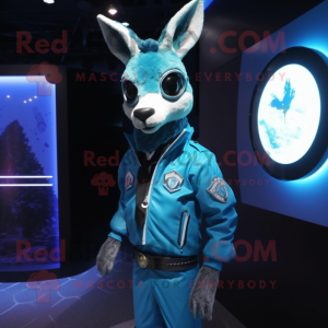 Cyan Deer mascot costume character dressed with a Moto Jacket and Tie pins