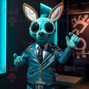 Cyan Deer mascot costume character dressed with a Moto Jacket and Tie pins