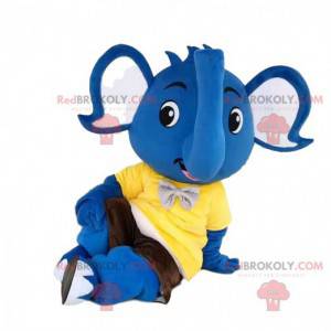 Mascote elefante azul com camiseta amarela e shorts marrons -