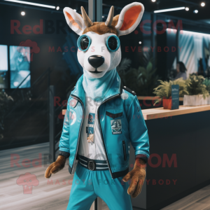 Cyan Deer mascot costume character dressed with a Moto Jacket and Tie pins