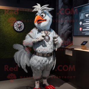 Silver Roosters mascot costume character dressed with a T-Shirt and Smartwatches