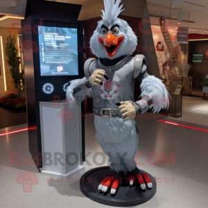 Silver Roosters mascot costume character dressed with a T-Shirt and Smartwatches