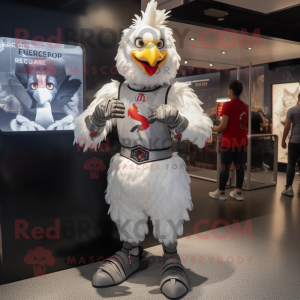 Silver Roosters mascot costume character dressed with a T-Shirt and Smartwatches