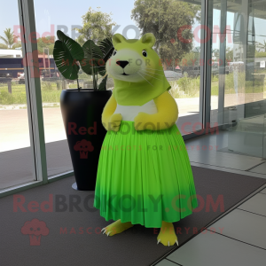 Lime Green Capybara mascot costume character dressed with a Maxi Skirt and Clutch bags