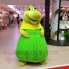 Lime Green Capybara mascot costume character dressed with a Maxi Skirt and Clutch bags