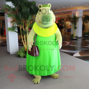 Lime Green Capybara mascot costume character dressed with a Maxi Skirt and Clutch bags