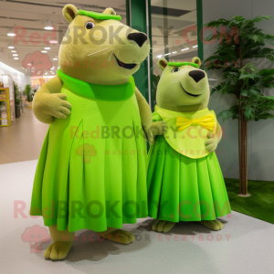 Lime Green Capybara mascot costume character dressed with a Maxi Skirt and Clutch bags