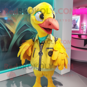Yellow Flamingo mascot costume character dressed with a Vest and Keychains