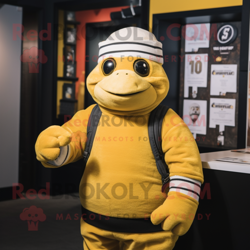 Yellow Guinness mascot costume character dressed with a Turtleneck and Beanies Yellow Guinness mascot costume character dressed with a Turtleneck and Beanies