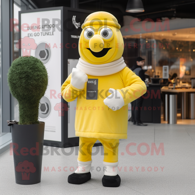Yellow Guinness mascot costume character dressed with a Turtleneck and Beanies Yellow Guinness mascot costume character dressed with a Turtleneck and Beanies