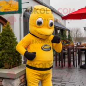 Yellow Guinness mascot costume character dressed with a Turtleneck and Beanies